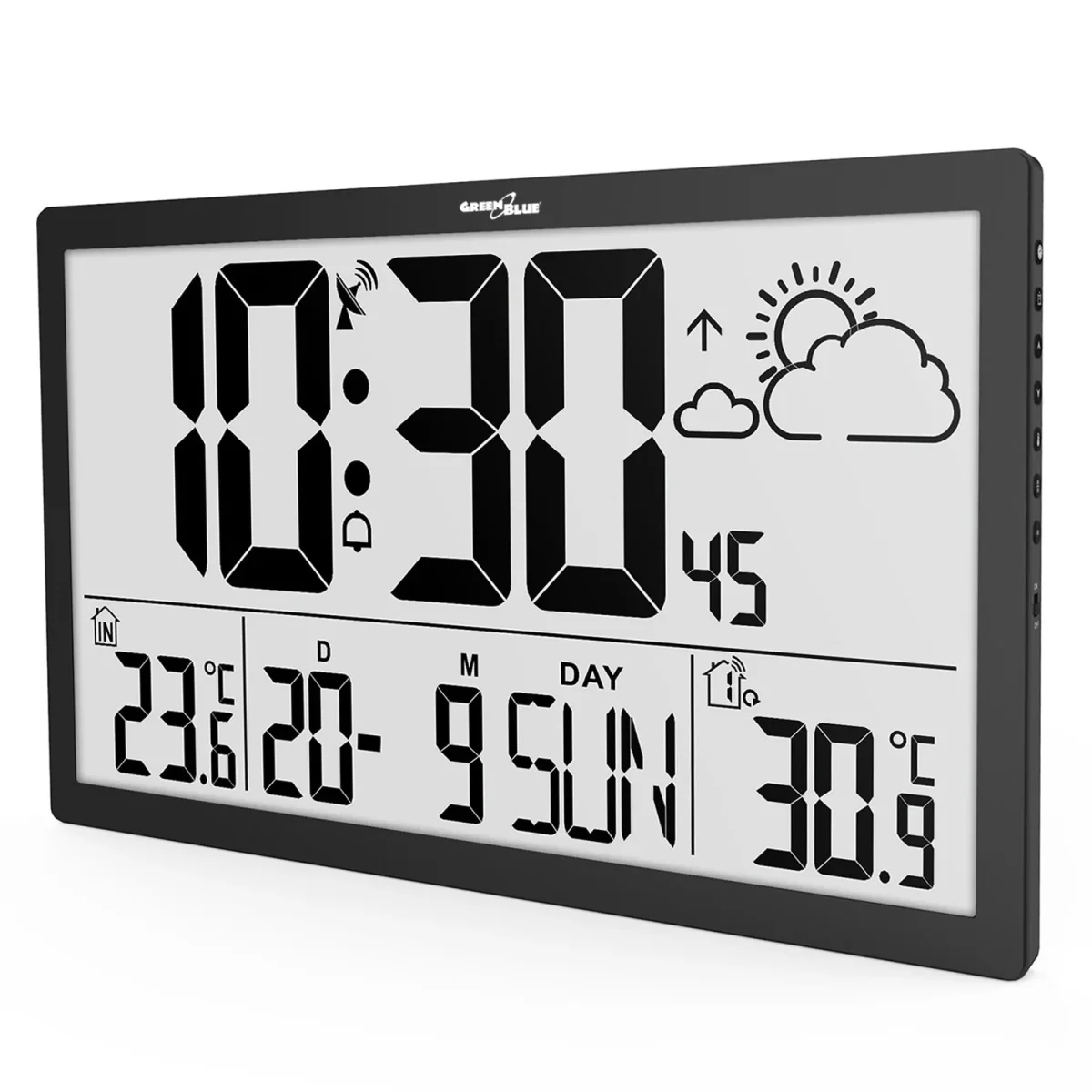 Station météo Horloge murale numérique avec capteur extérieur, horloge DCF, 37x22,5cm Grande horloge murale, alarme avec fonction snooze, écran LCD, température intérieure et extérieure, prévisions météorologiques – Image 3